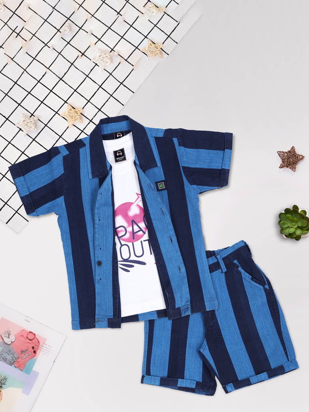 MashUp Boys Striped Shirt Collar Short Sleeves Pure Cotton Shirt & T-Shirt With Shorts, Blue
MashUp Boys Striped Shirt Collar Short Sleeves Pure Cotton Shirt & T-Shirt With Shorts, Blue