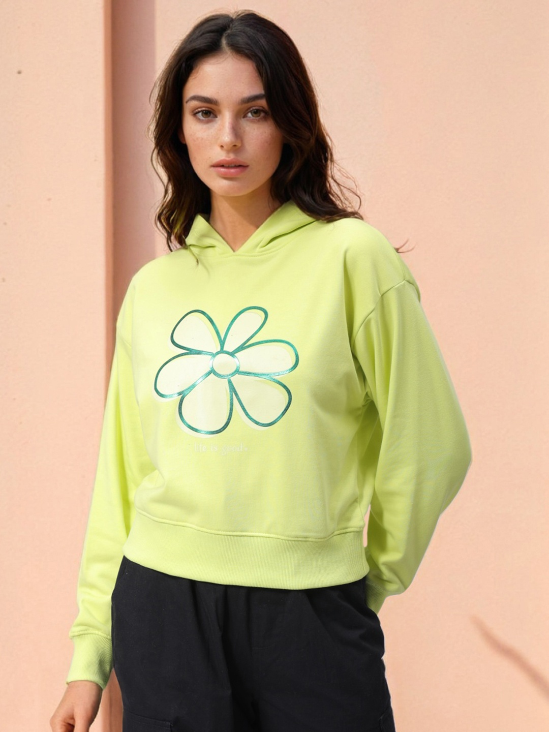 Freehand by The Indian Garage Co Women Graphic Printed Cotton Hooded Sweatshirt, Lime green
Freehand by The Indian Garage Co Women Graphic Printed Cotton Hooded Sweatshirt, Lime green