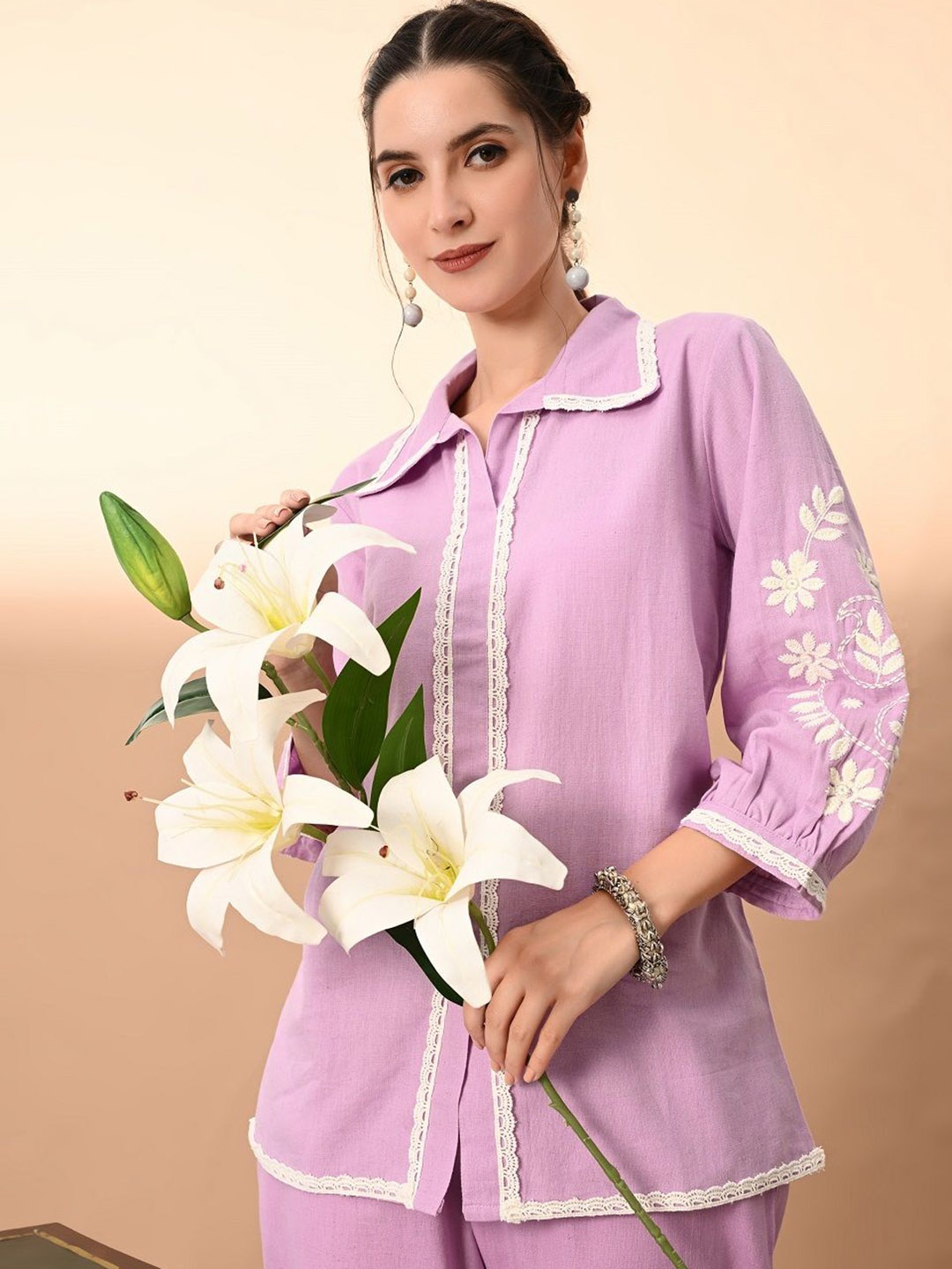 DHROOV TARA Floral Embroidered Shirt Collar Three-Quarter Sleeves Top With Trouser, Lavender
DHROOV TARA Floral Embroidered Shirt Collar Three-Quarter Sleeves Top With Trouser, Lavender