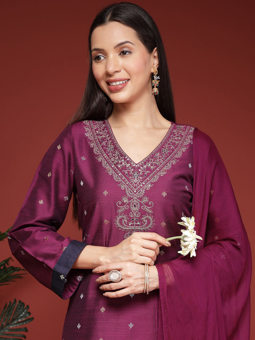 Nayam By Lakshita Ethnic Motifs Embroidered Sequinned Kurta With Trousers & Dupatta, Purple 
Nayam By Lakshita Ethnic Motifs Embroidered Sequinned Kurta With Trousers & Dupatta, Purple