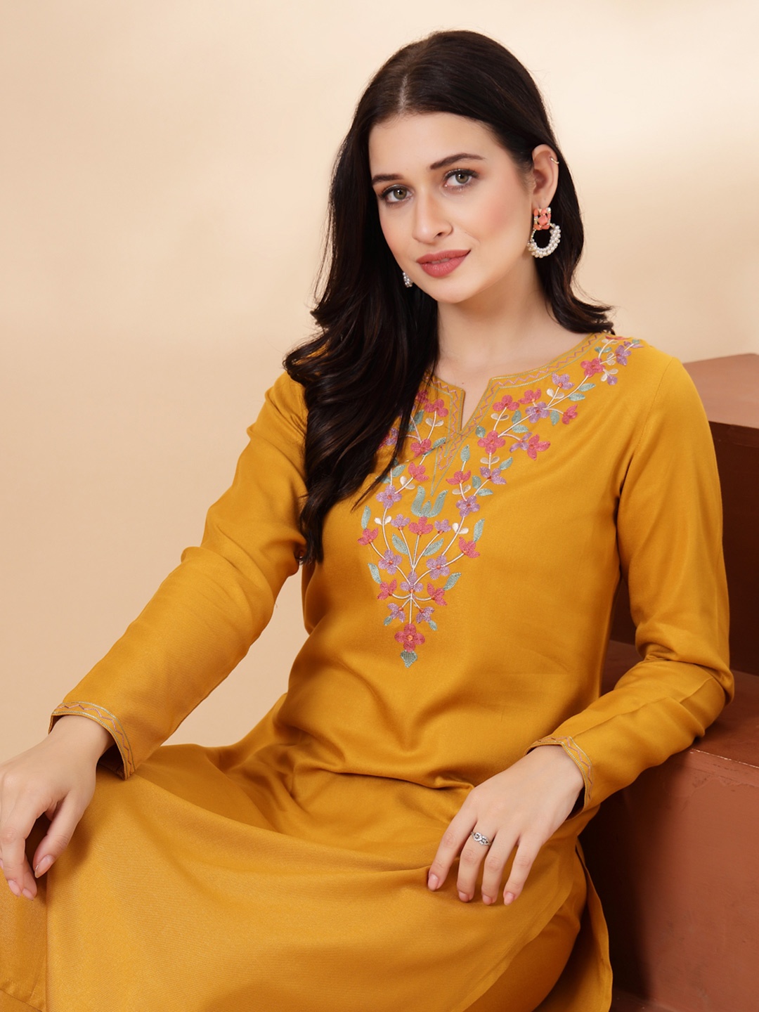 Nayam By Lakshita Floral Yoke Design Thread Work Straight Kurta With Trouser, Mustard
Nayam By Lakshita Floral Yoke Design Thread Work Straight Kurta With Trouser, Mustard