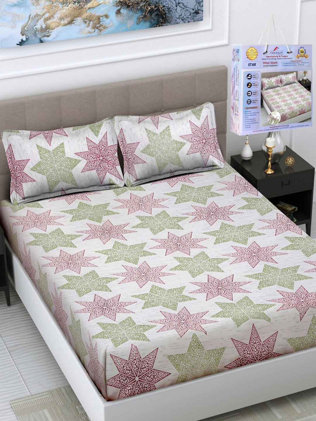 FABINALIV White & Green Geometric Printed 300 TC Fitted King Bedsheet Set 2.50m X 2.25m
FABINALIV White & Green Geometric Printed 300 TC Fitted King Bedsheet Set 2.50m X 2.25m