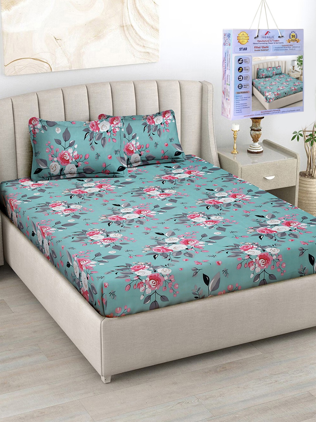 FABINALIV Turquoise Blue & Pink Floral 300 TC Fitted King Bedsheet Set 2.50m X 2.25m
FABINALIV Turquoise Blue & Pink Floral 300 TC Fitted King Bedsheet Set 2.50m X 2.25m