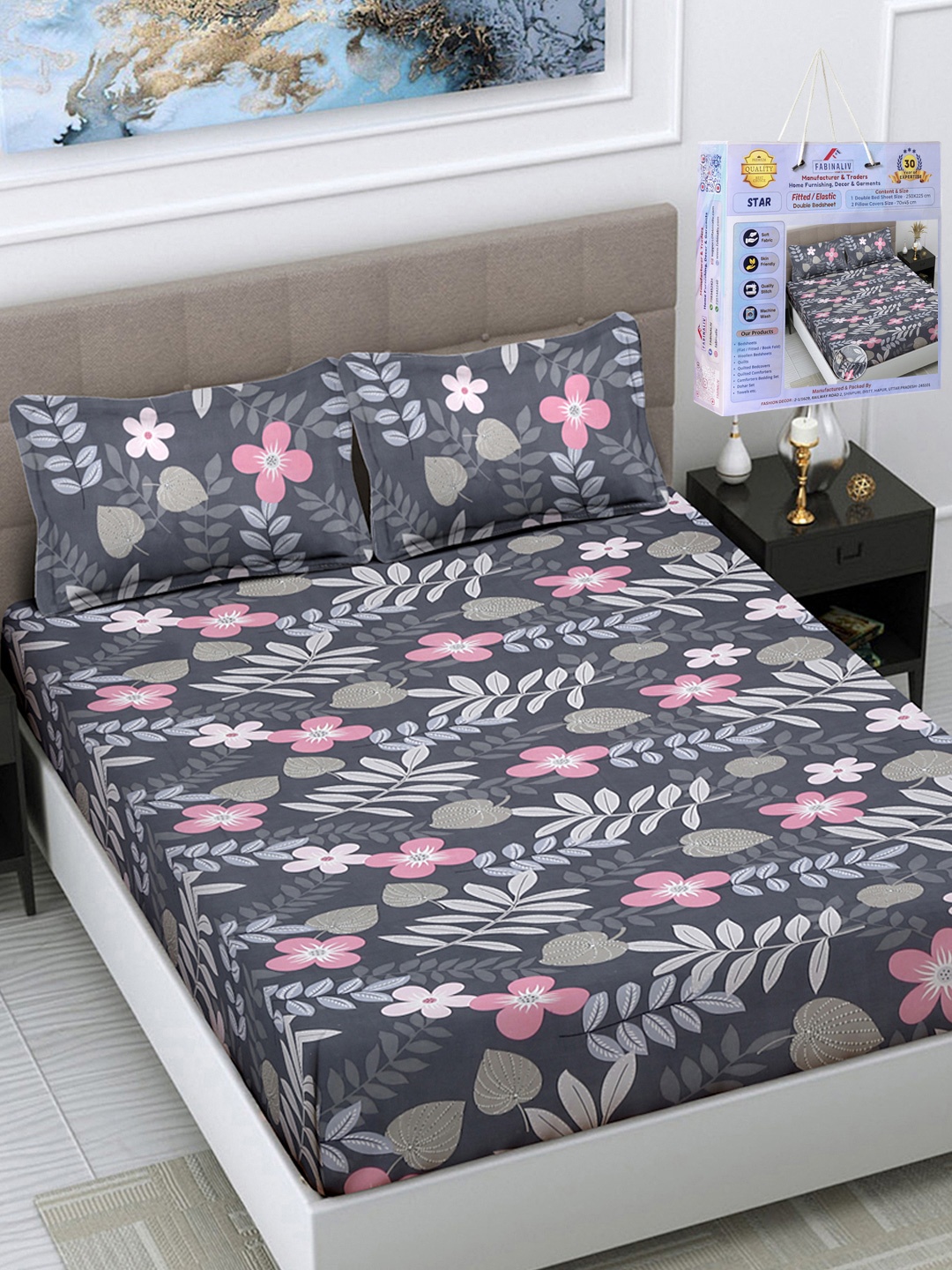 FABINALIV Black & Pink Floral 300 TC King Bedsheet with 2 Pillow Covers 2.50 m x 2.25 m
FABINALIV Black & Pink Floral 300 TC King Bedsheet with 2 Pillow Covers 2.50 m x 2.25 m