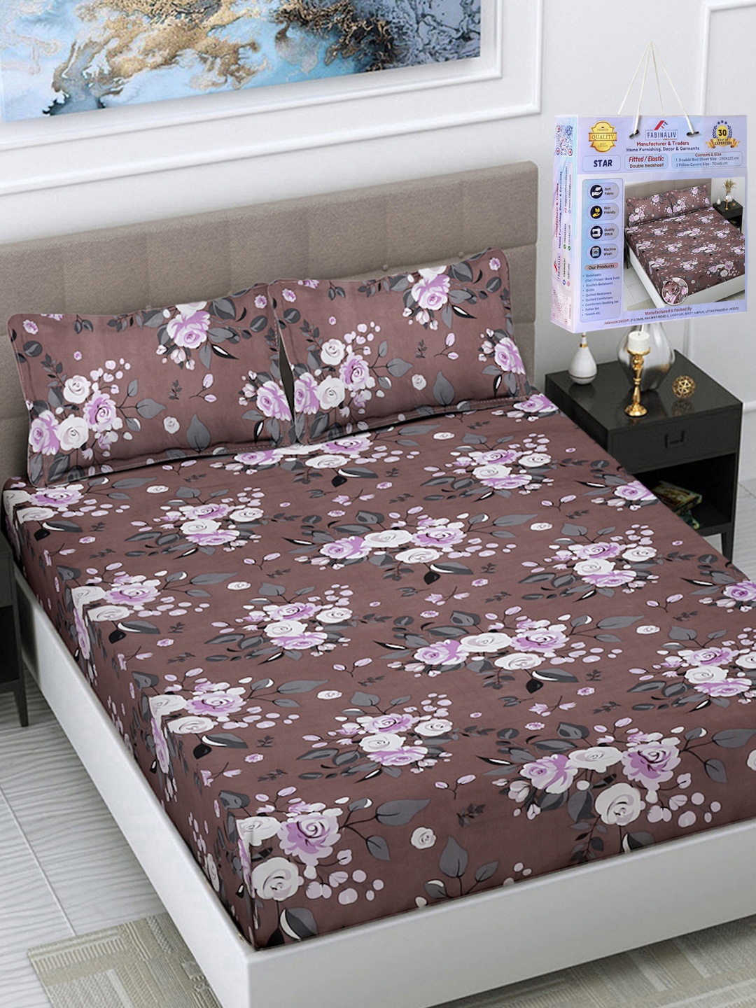 FABINALIV Brown & White Floral 300 TC King Bedsheet with 2 Pillow Covers 2.50 m x 2.25 m
FABINALIV Brown & White Floral 300 TC King Bedsheet with 2 Pillow Covers 2.50 m x 2.25 m
