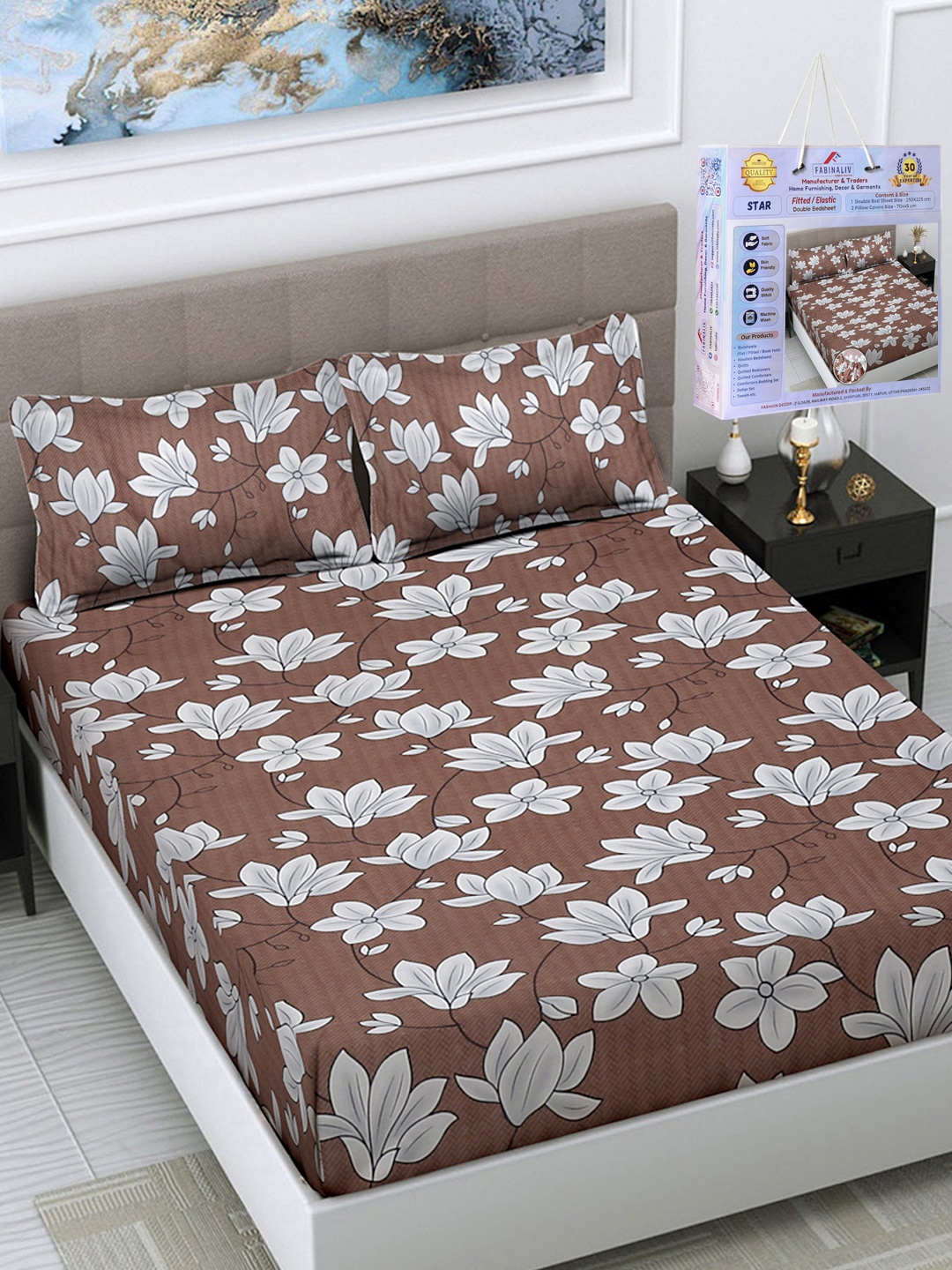FABINALIV Brown & White Floral 300 TC King Bedsheet with 2 Pillow Covers 2.50 m x 2.25 m
FABINALIV Brown & White Floral 300 TC King Bedsheet with 2 Pillow Covers 2.50 m x 2.25 m