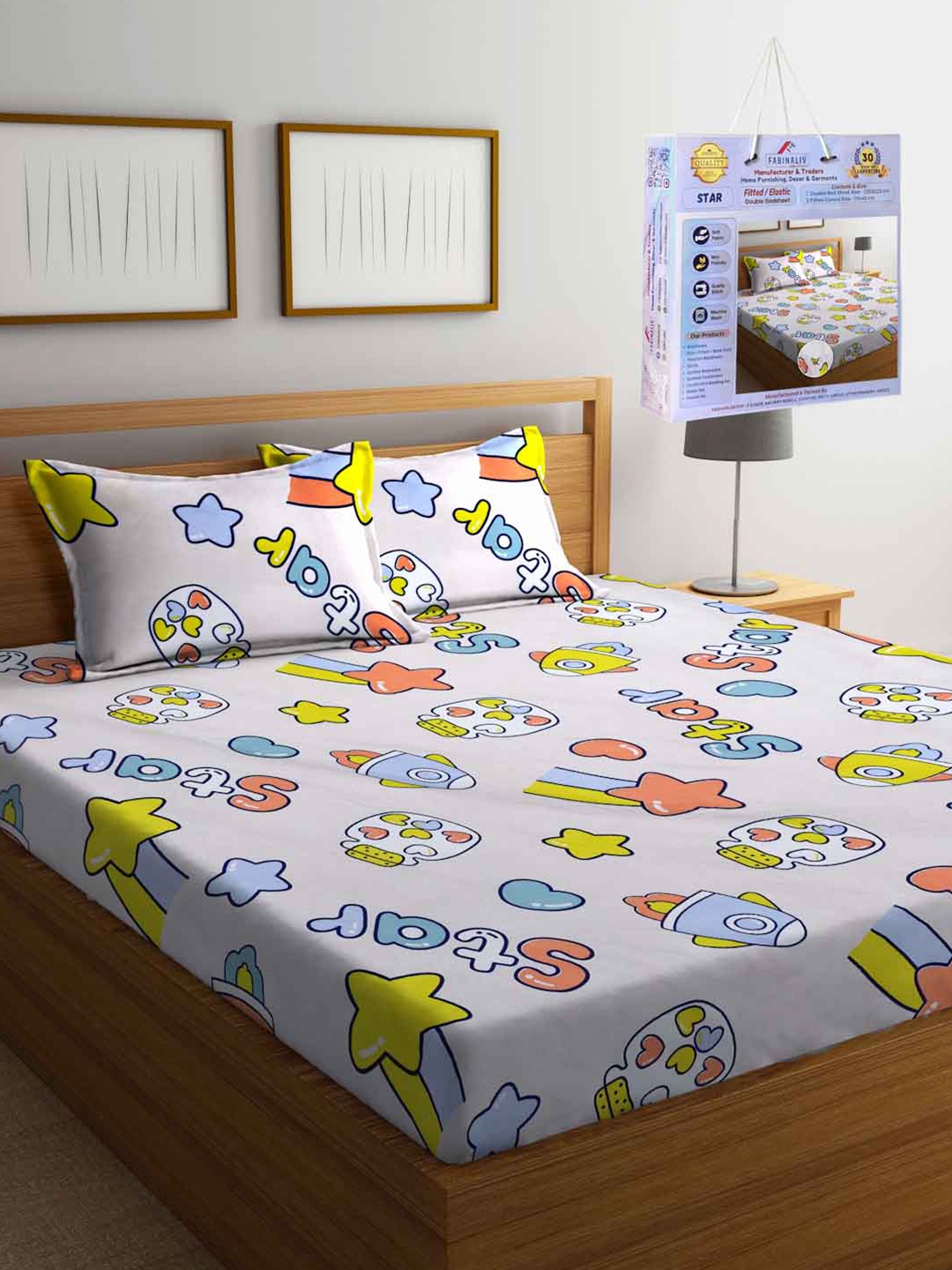 FABINALIV White Cartoon Characters 300 TC Fitted King Bedsheet Set Set 2.50m X 2.25m
FABINALIV White Cartoon Characters 300 TC Fitted King Bedsheet Set Set 2.50m X 2.25m