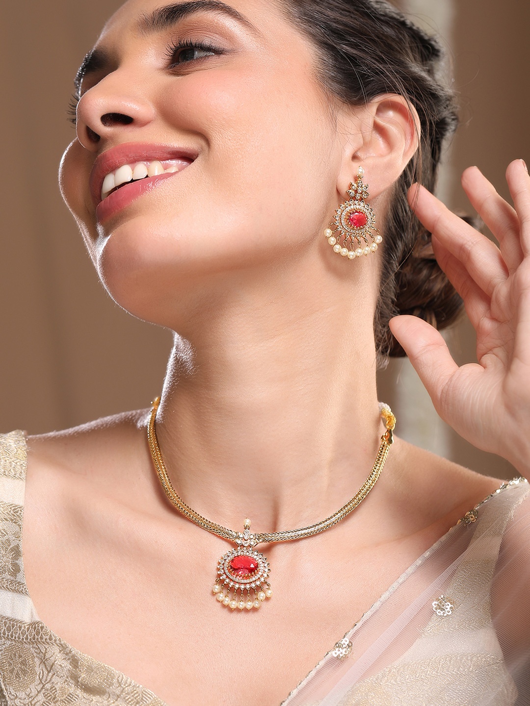 Rubans 22K Gold-Plated Ruby & Cubic Zirconia Traditional Necklace Set with Pearl Drops
Rubans 22K Gold-Plated Ruby & Cubic Zirconia Traditional Necklace Set with Pearl Drops