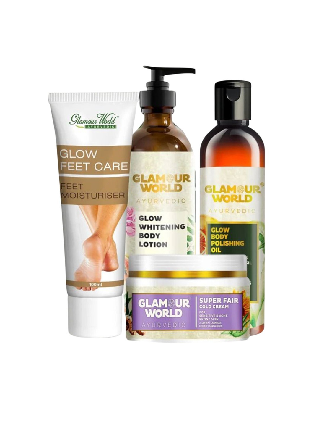 Glamour World Ayurvedic Set Of 4 Glow Feet Moisturiser, Body Lotion & Body Oil Combo, White
Glamour World Ayurvedic Set Of 4 Glow Feet Moisturiser, Body Lotion & Body Oil Combo, White