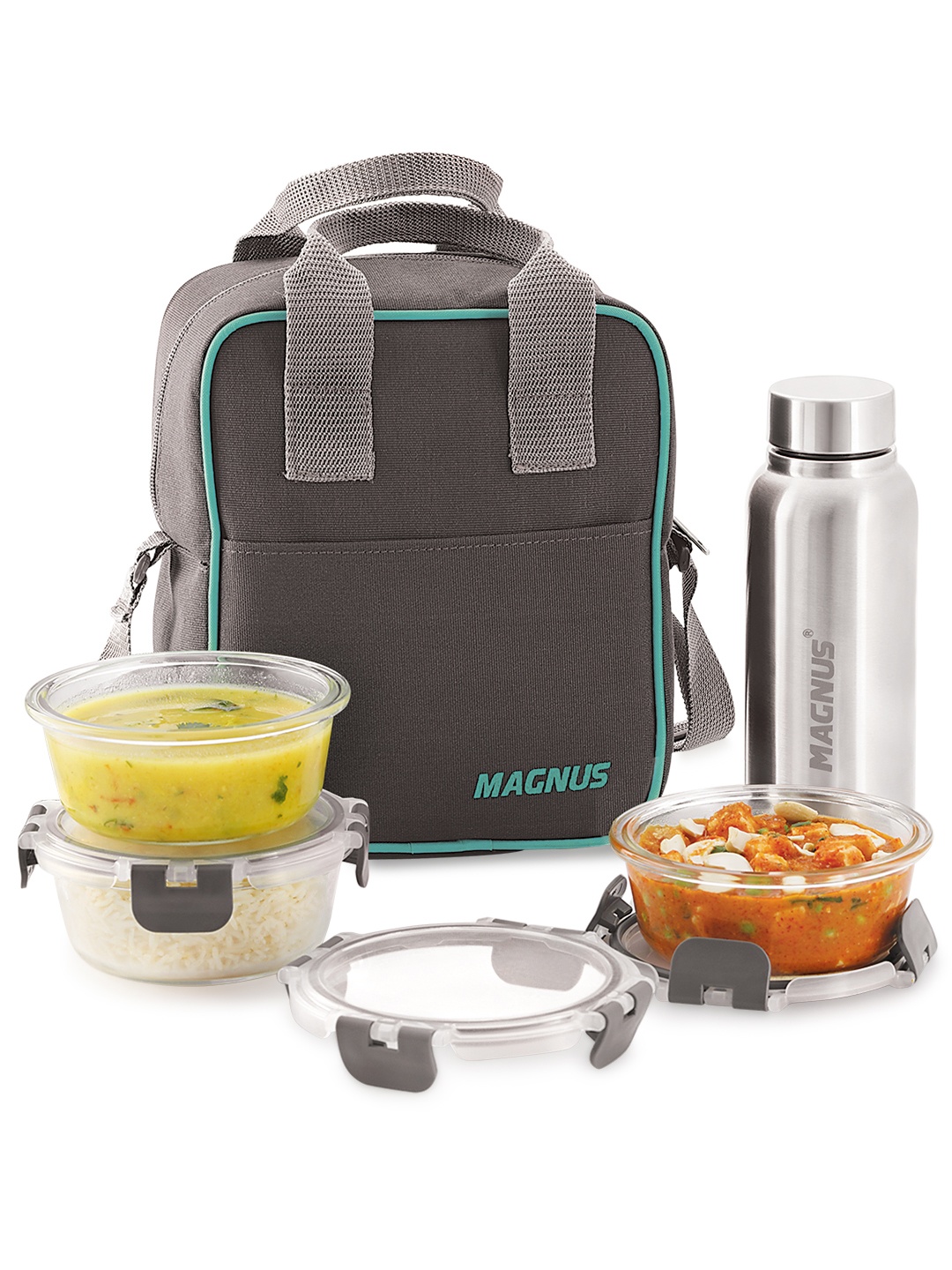 Magnus Set of 5 Glock Glass Lunch Box Vertical Pouch 1 SS Bottle & 3 Round Containers, Transparent
Magnus Set of 5 Glock Glass Lunch Box Vertical Pouch 1 SS Bottle & 3 Round Containers, Transparent