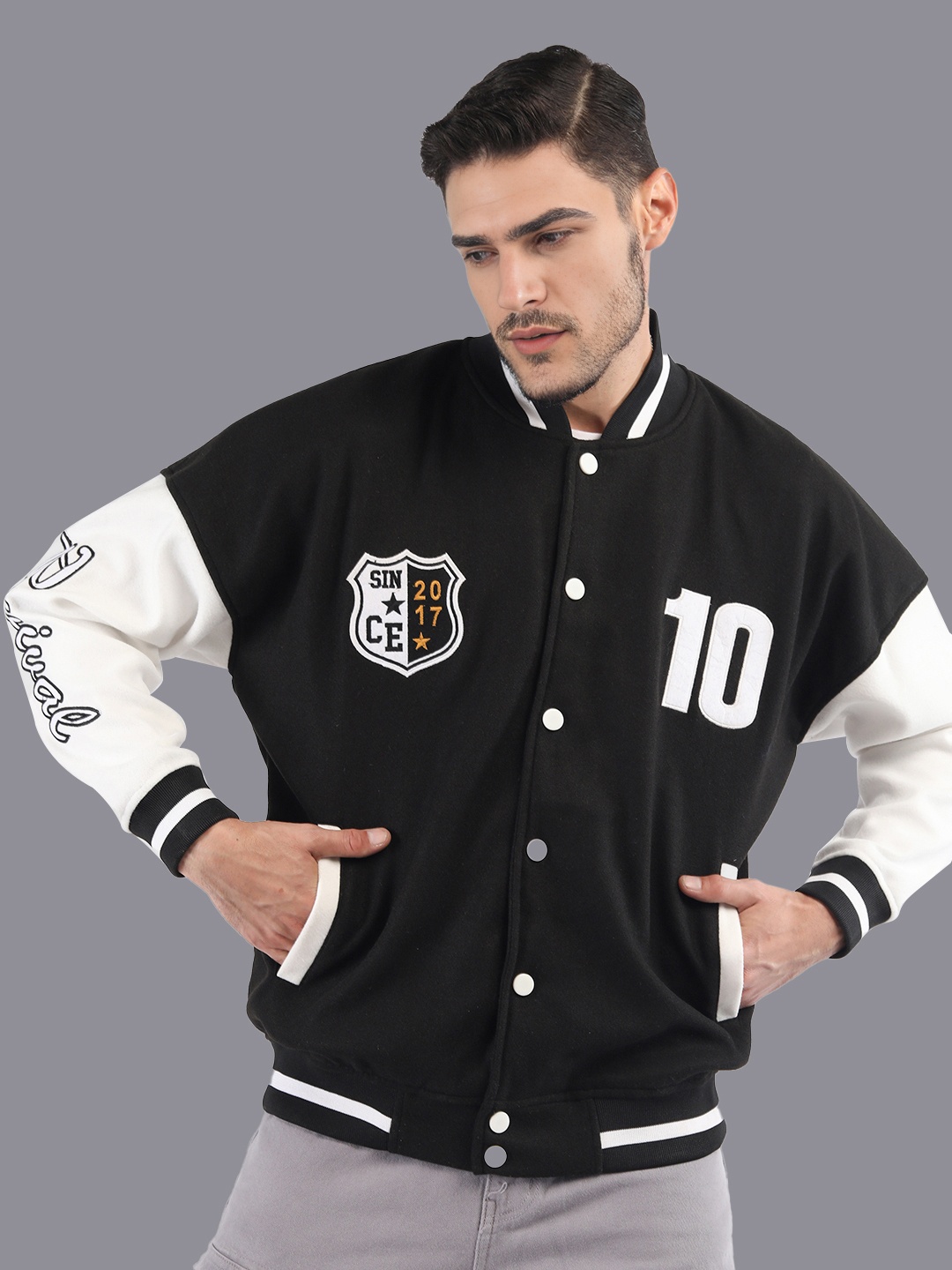 HRX by Hrithik Roshan Men Colourblocked Stand-Collar Oversized Varsity Jacket, Black
HRX by Hrithik Roshan Men Colourblocked Stand-Collar Oversized Varsity Jacket, Black
