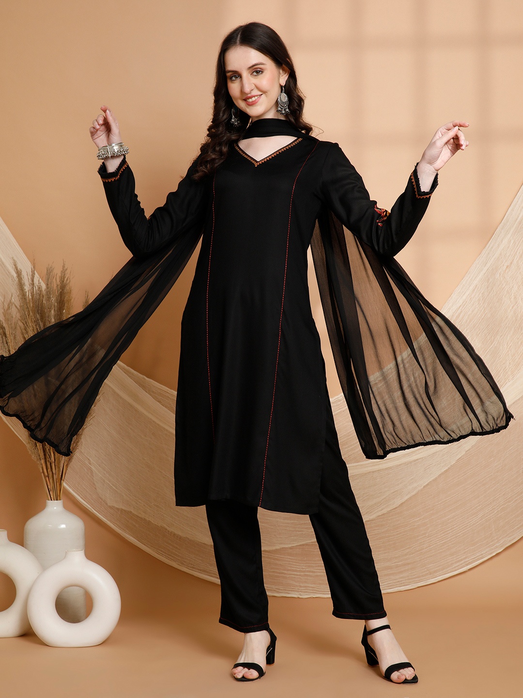 Nayam By Lakshita Women Embroidered Panelled Thread Work Kurta with Palazzos, Black
Nayam By Lakshita Women Embroidered Panelled Thread Work Kurta with Palazzos, Black