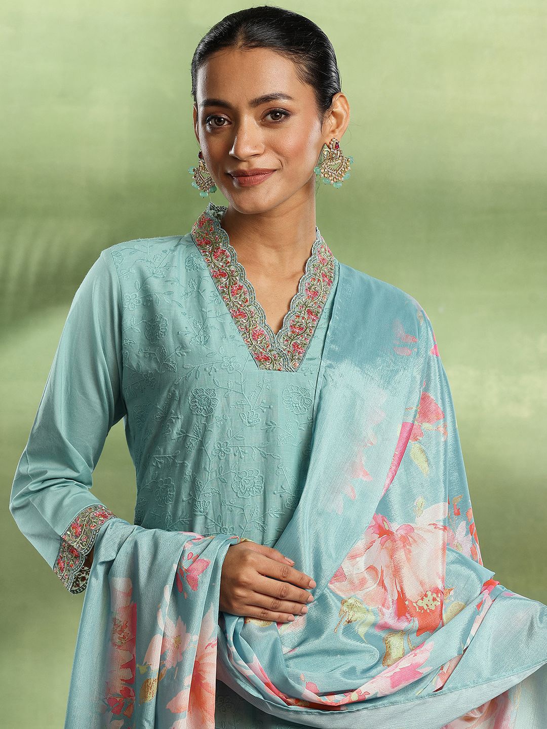 Libas Floral Embroidered Thread Work Pure Cotton Kurta with Palazzo & Dupatta, Sea green
Libas Floral Embroidered Thread Work Pure Cotton Kurta with Palazzo & Dupatta, Sea green