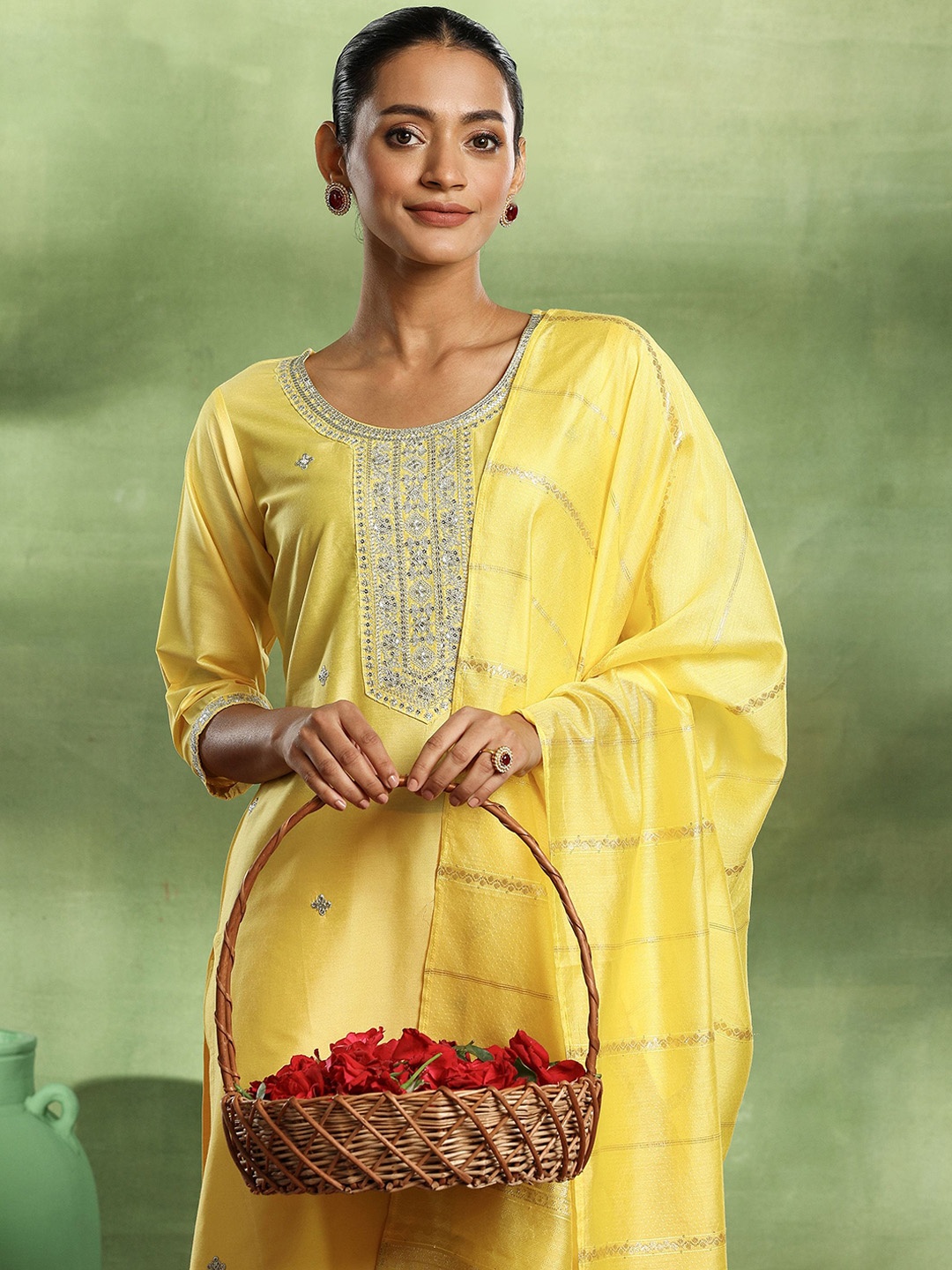 Libas Ethnic Motifs Embroidered Sequinned Straight Kurta With Trousers & Dupatta, Yellow
Libas Ethnic Motifs Embroidered Sequinned Straight Kurta With Trousers & Dupatta, Yellow