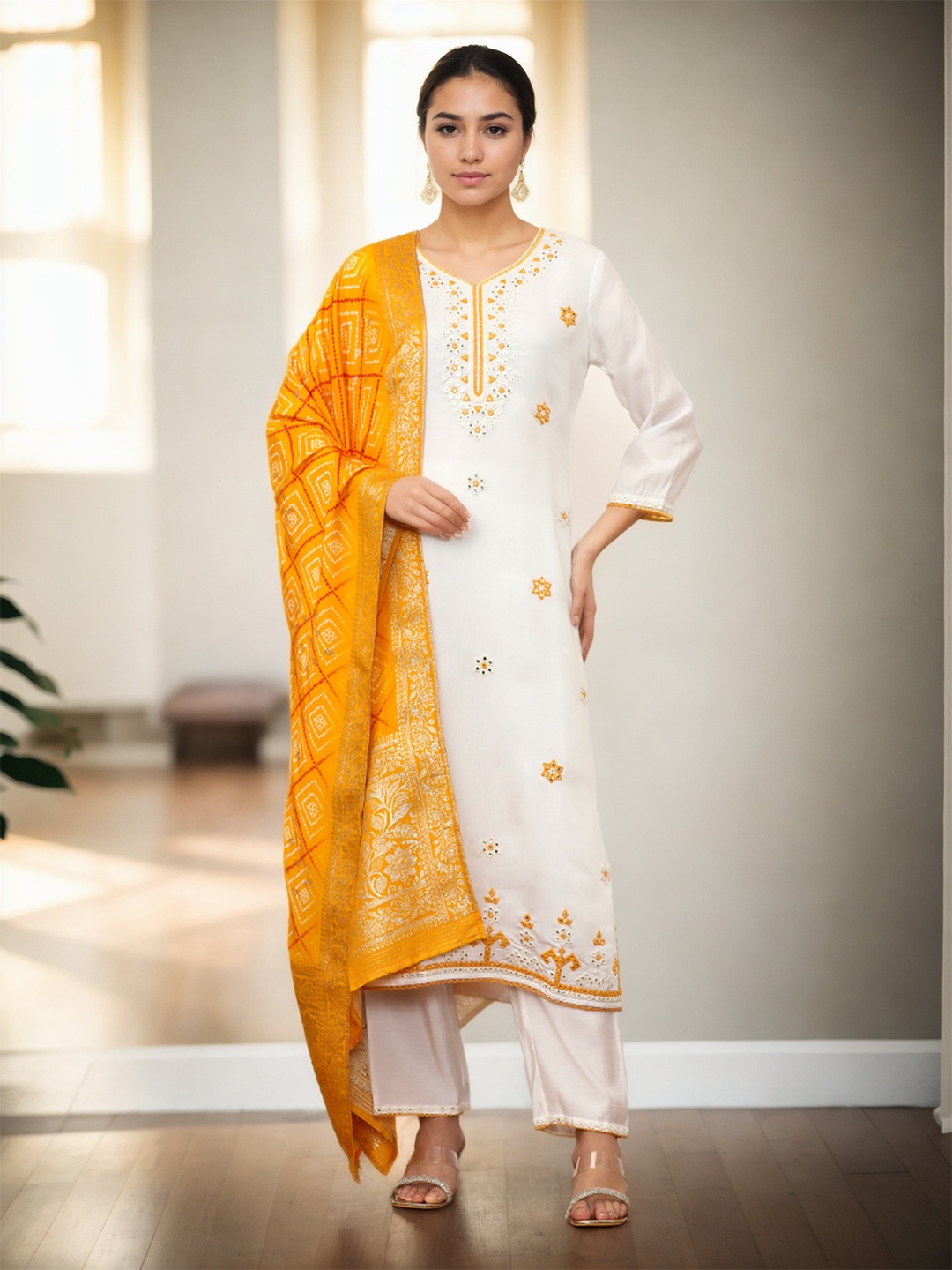 Jaipur Kurti Women Embroidered Regular Mirror Work Pure Silk Kurta with Trousers & With Dupatta, Mustard
Jaipur Kurti Women Embroidered Regular Mirror Work Pure Silk Kurta with Trousers & With Dupatta, Mustard