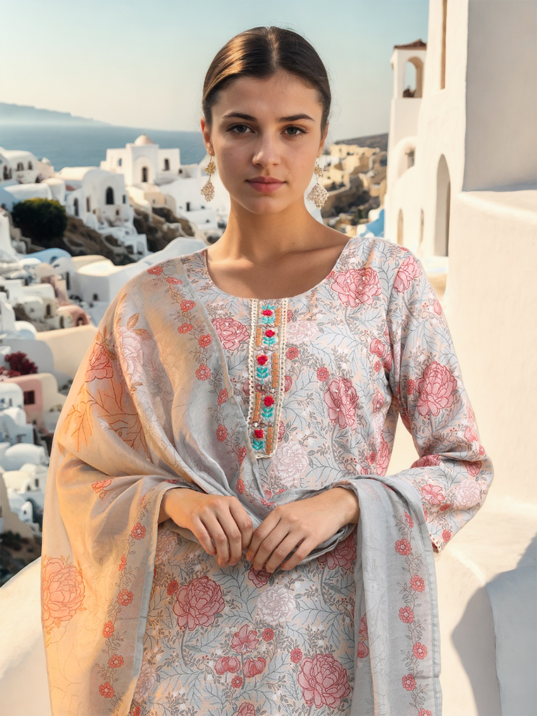 Jaipur Kurti Women Floral Embroidered Regular Beads and Stones Linen Kurta with Trousers & With Dupatta, Grey
Jaipur Kurti Women Floral Embroidered Regular Beads and Stones Linen Kurta with Trousers & With Dupatta, Grey