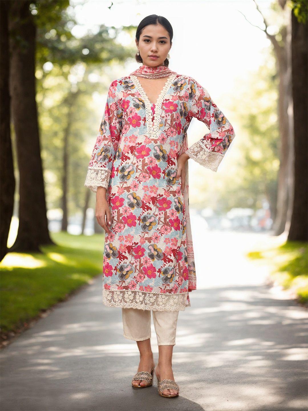 Jaipur Kurti Women Floral Embroidered Regular Mirror Work Pure Cotton Kurta with Trousers & With Dupatta, Off white
Jaipur Kurti Women Floral Embroidered Regular Mirror Work Pure Cotton Kurta with Trousers & With Dupatta, Off white