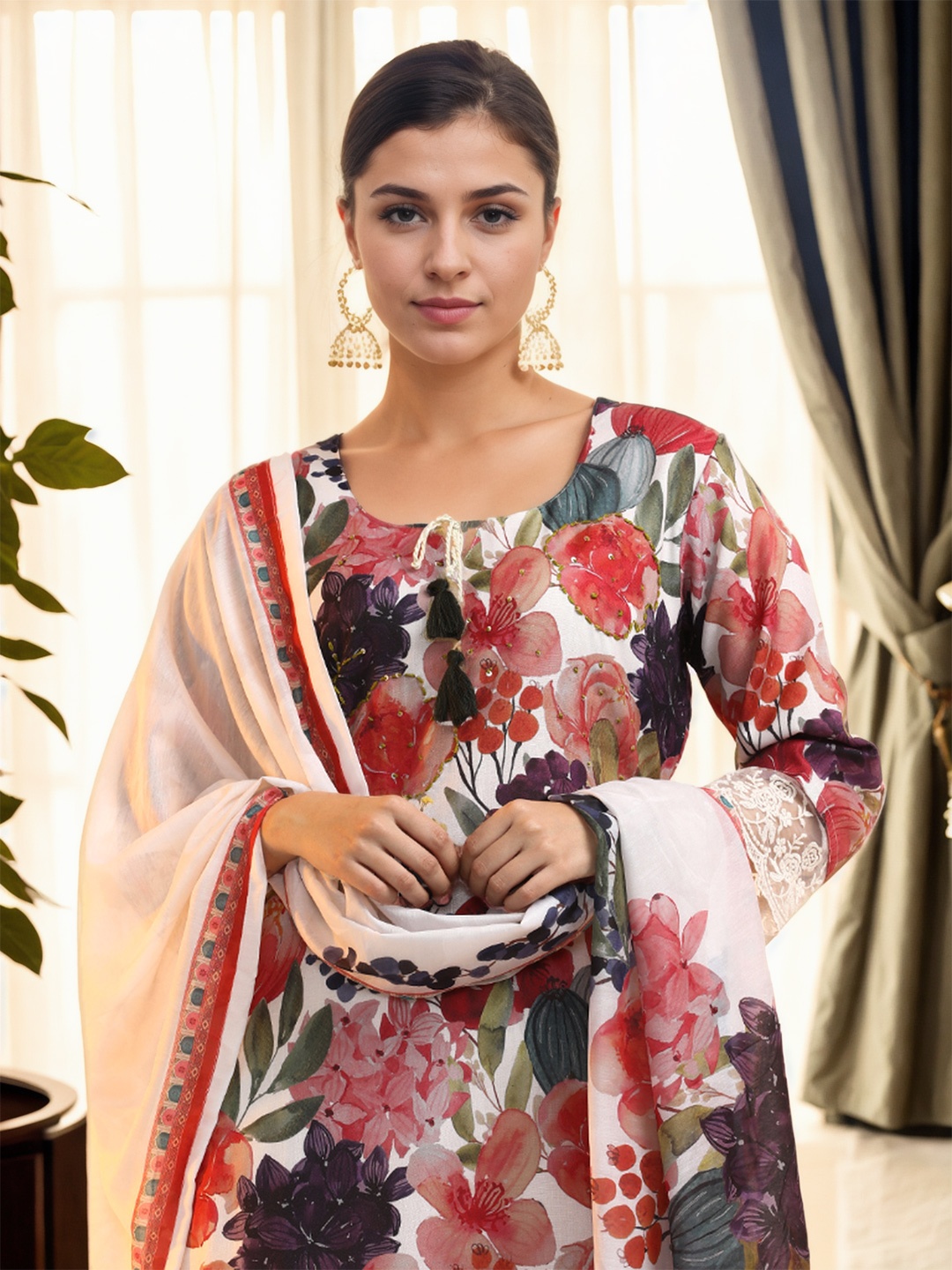 Jaipur Kurti Women Floral Printed Regular Sequinned Linen Kurta with Trousers & With Dupatta, White
Jaipur Kurti Women Floral Printed Regular Sequinned Linen Kurta with Trousers & With Dupatta, White