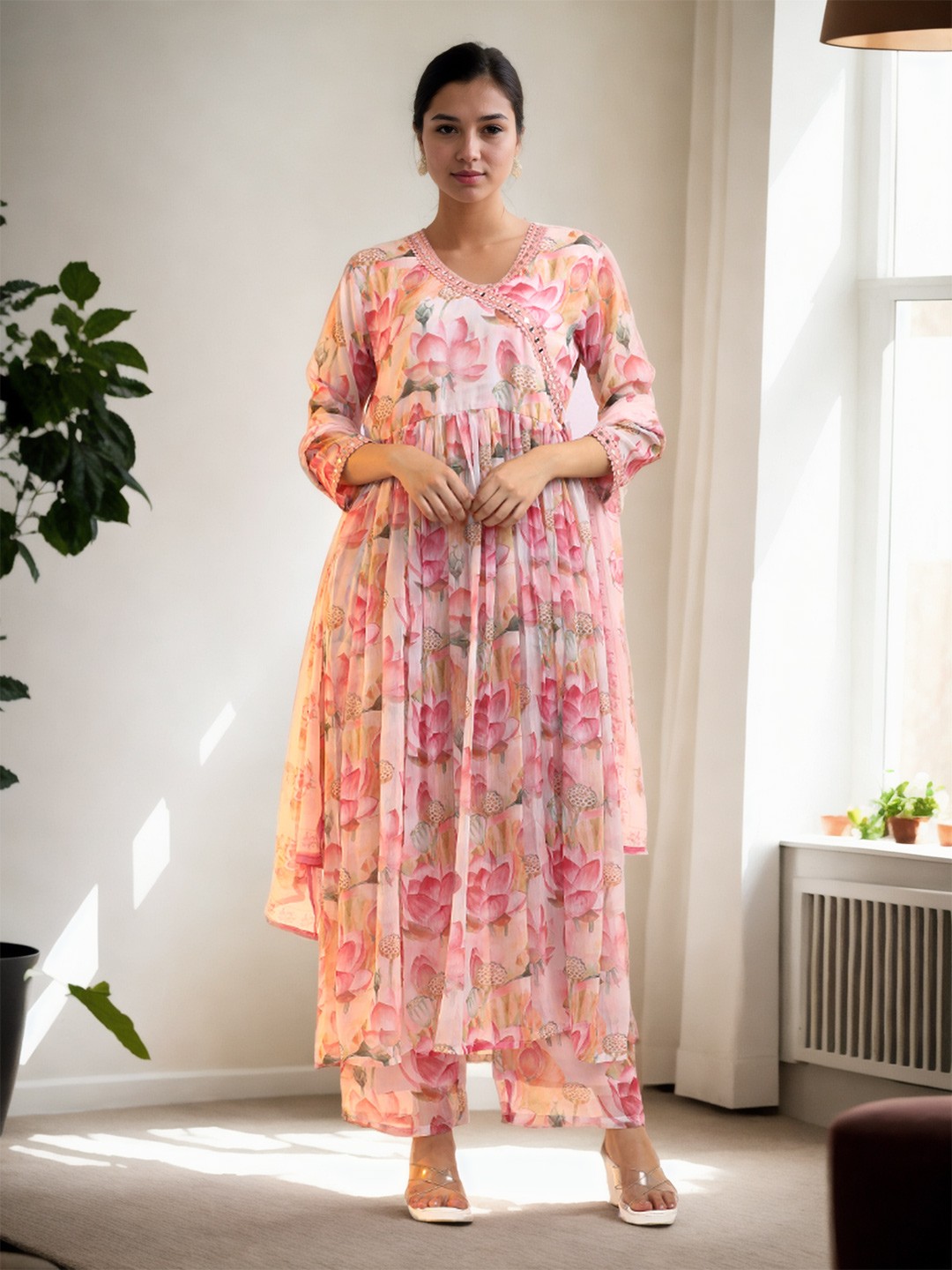 Jaipur Kurti Women Floral Embroidered Angrakha Mirror Work Kurta with Palazzos & With Dupatta, Peach
Jaipur Kurti Women Floral Embroidered Angrakha Mirror Work Kurta with Palazzos & With Dupatta, Peach