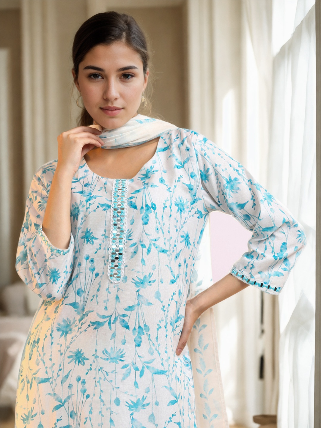 Jaipur Kurti Women Floral Embroidered Regular Mirror Work Linen Kurta with Trousers & With Dupatta, White
Jaipur Kurti Women Floral Embroidered Regular Mirror Work Linen Kurta with Trousers & With Dupatta, White