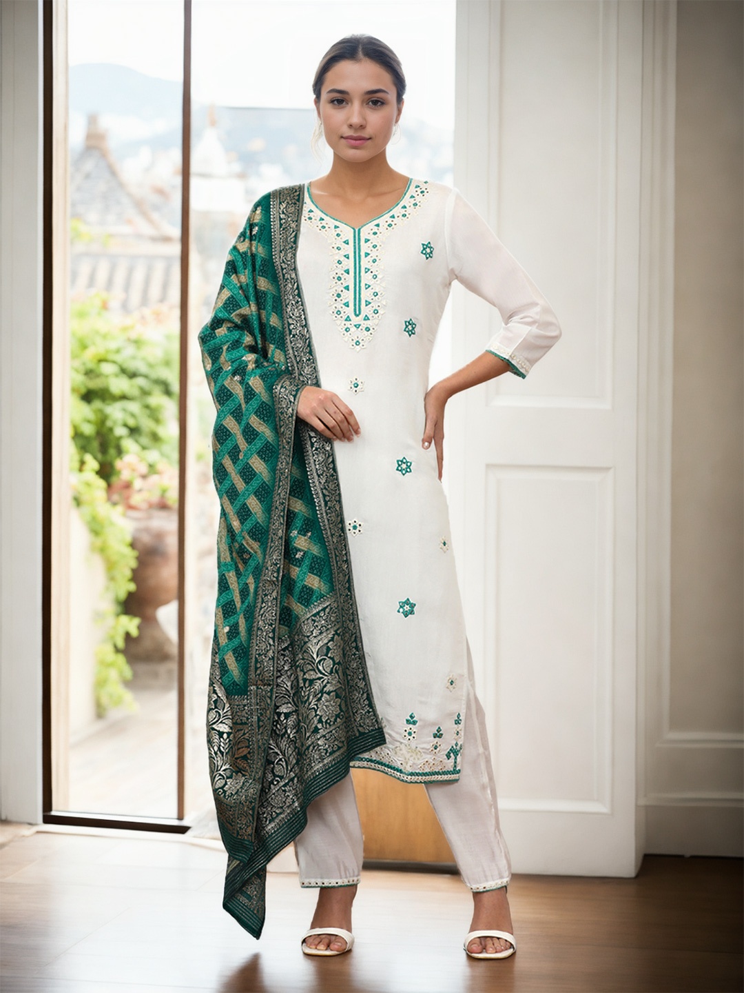 Jaipur Kurti Women Embroidered Regular Mirror Work Pure Silk Kurta with Trousers & With Dupatta, Green
Jaipur Kurti Women Embroidered Regular Mirror Work Pure Silk Kurta with Trousers & With Dupatta, Green
