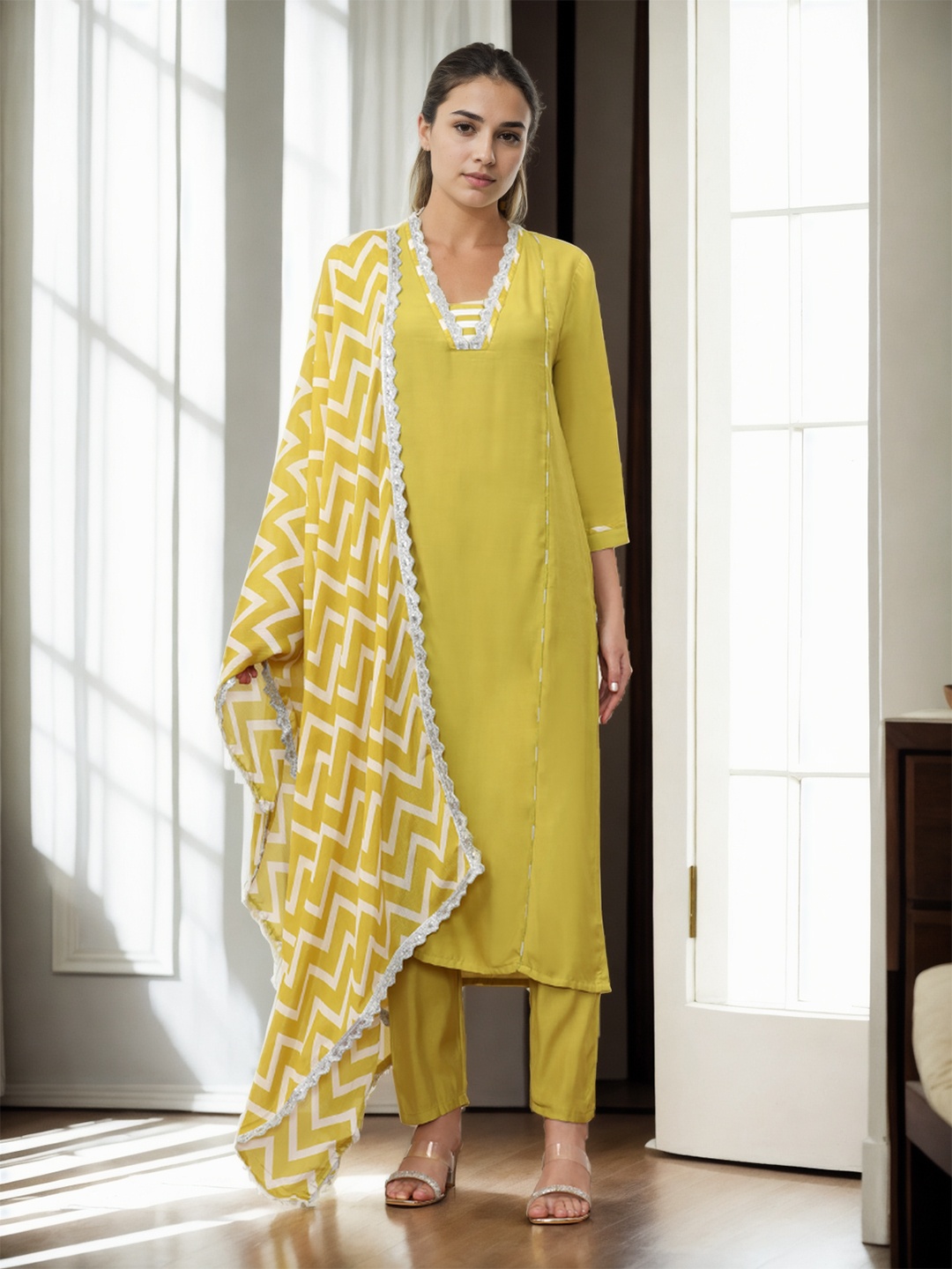 Jaipur Kurti Women Embroidered Regular Gotta Patti Kurta with Trousers & With Dupatta, Lime green
Jaipur Kurti Women Embroidered Regular Gotta Patti Kurta with Trousers & With Dupatta, Lime green