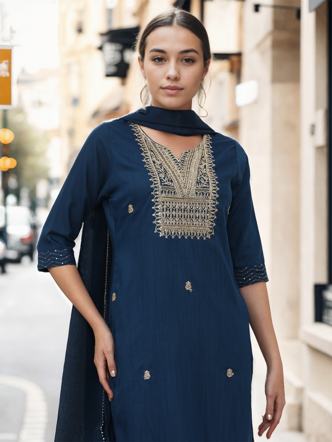 Jaipur Kurti Women Ethnic Motifs Embroidered Regular Kurta with Trousers & With Dupatta, Navy blue
Jaipur Kurti Women Ethnic Motifs Embroidered Regular Kurta with Trousers & With Dupatta, Navy blue