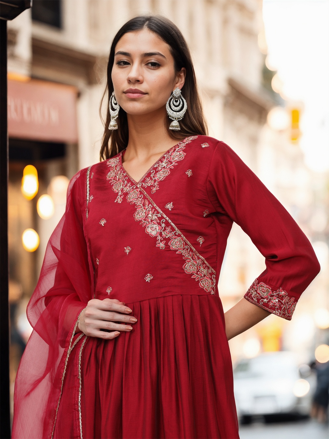 Jaipur Kurti Women Ethnic Motifs Embroidered Angrakha Sequinned Chanderi Silk Kurta with Trousers & With, Red
Jaipur Kurti Women Ethnic Motifs Embroidered Angrakha Sequinned Chanderi Silk Kurta with Trousers & With, Red