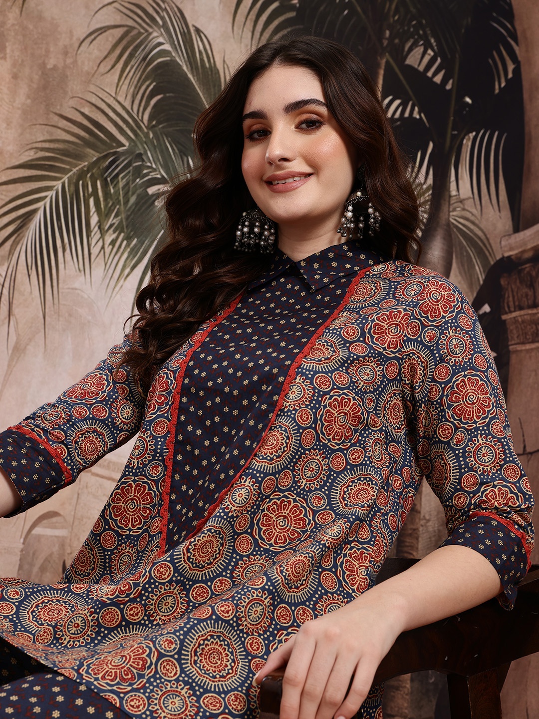 Sangria Floral Print Shirt Collar High-Low Side Slits A-Line Top with Palazzos, Navy blue
Sangria Floral Print Shirt Collar High-Low Side Slits A-Line Top with Palazzos, Navy blue