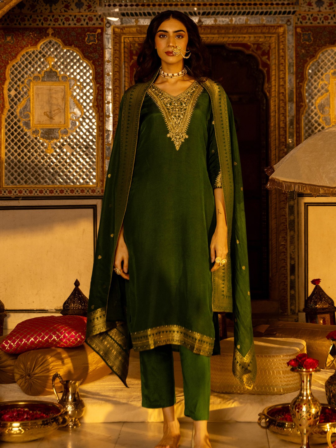FASHOR V-Neck Floral Yoke Design Thread Work Pure Silk Kurta with Trouser & Dupatta, Green
FASHOR V-Neck Floral Yoke Design Thread Work Pure Silk Kurta with Trouser & Dupatta, Green