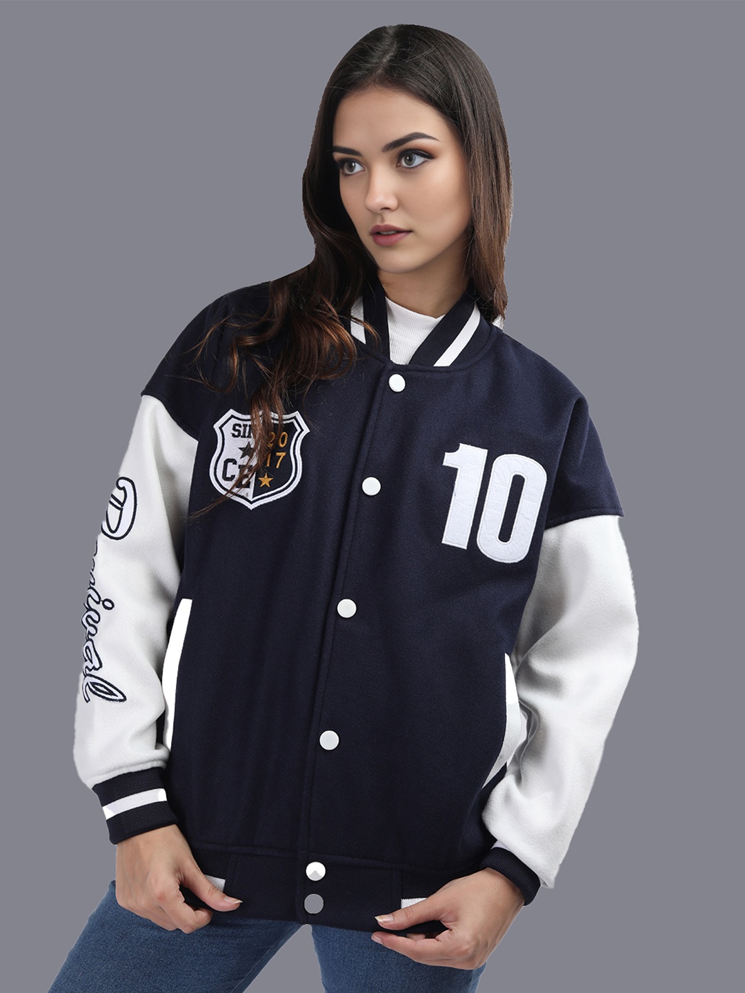 HRX by Hrithik Roshan Women Colourblocked Stand Collar Oversized Varsity Jacket, Navy blue
HRX by Hrithik Roshan Women Colourblocked Stand Collar Oversized Varsity Jacket, Navy blue