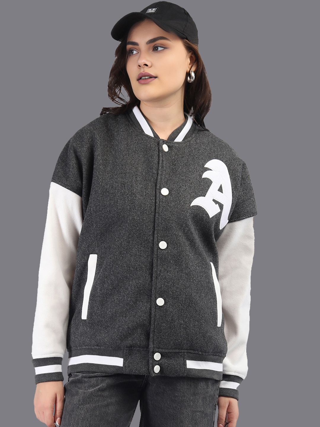 HRX by Hrithik Roshan Women Colourblocked Stand Collar Oversized Varsity Jacket, Grey
HRX by Hrithik Roshan Women Colourblocked Stand Collar Oversized Varsity Jacket, Grey