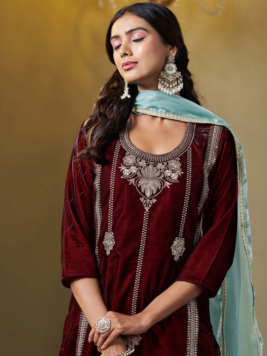 Sangria Floral Embroidered Round Neck Straight Velvet Kurta With Trousers & Dupatta, Brown
Sangria Floral Embroidered Round Neck Straight Velvet Kurta With Trousers & Dupatta, Brown