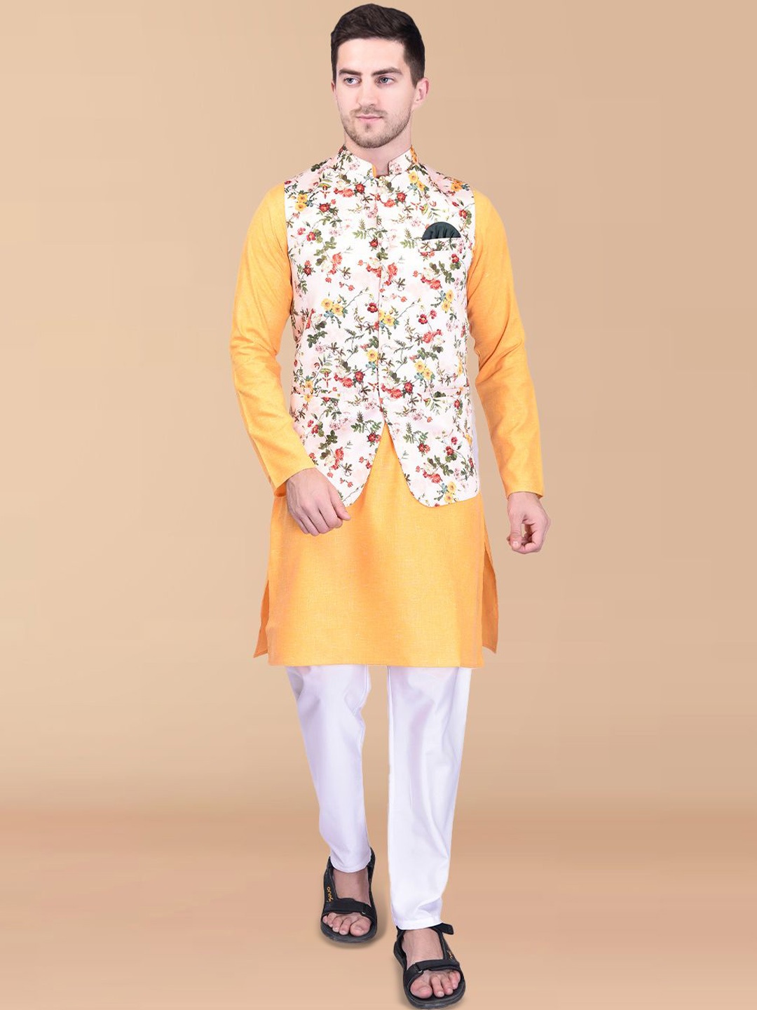 PRINTINDIA Mandarin Collar Pure Cotton Straight Kurta With Trouser & Nehru jacket, Yellow
PRINTINDIA Mandarin Collar Pure Cotton Straight Kurta With Trouser & Nehru jacket, Yellow