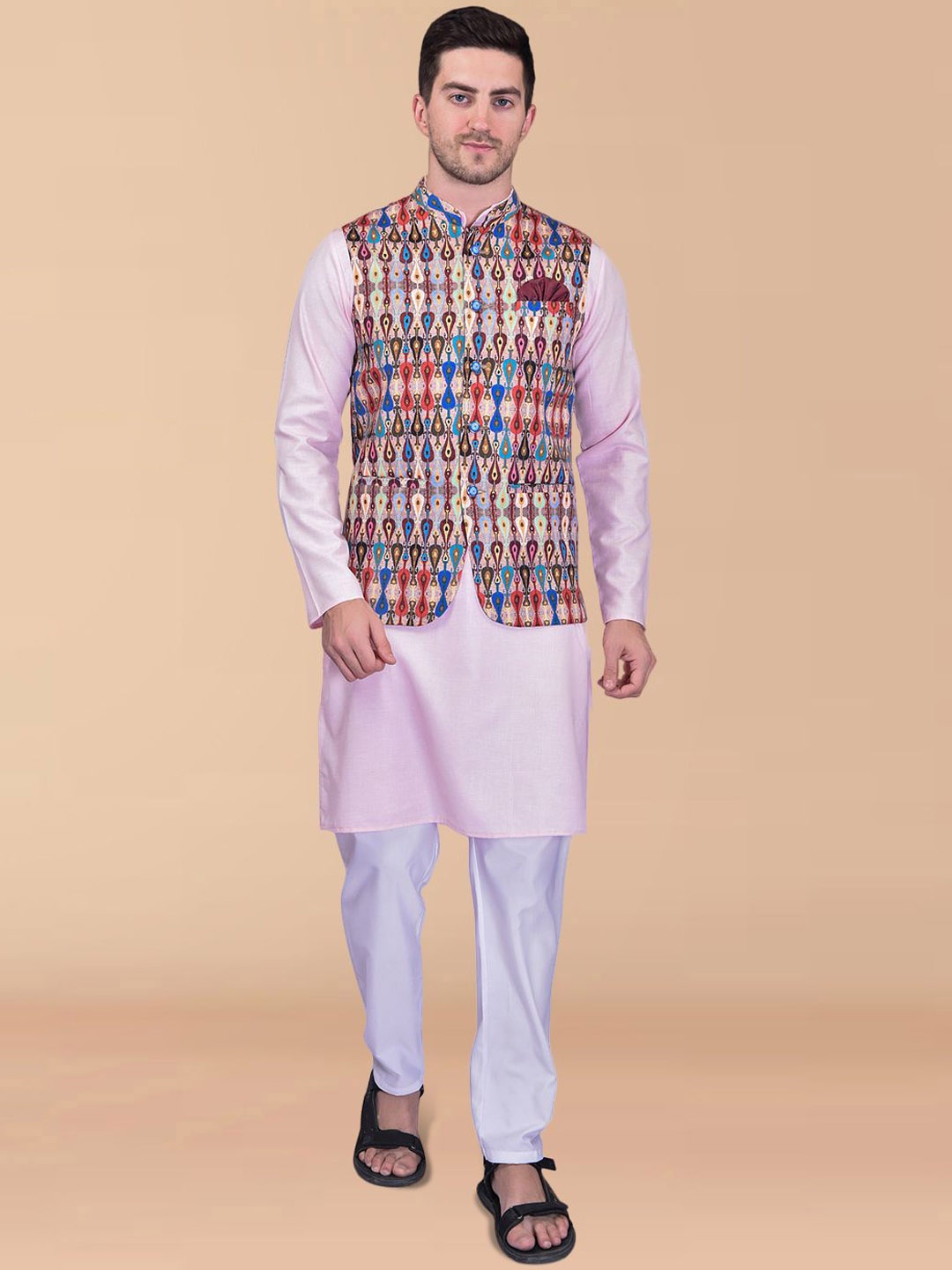PRINTINDIA Mandarin Collar Pure Cotton Straight Kurta with Trousers & Nehru jacket, Pink
PRINTINDIA Mandarin Collar Pure Cotton Straight Kurta with Trousers & Nehru jacket, Pink