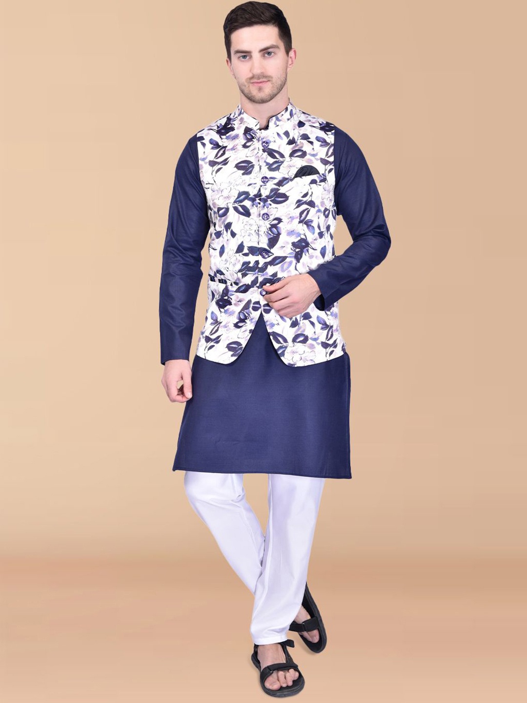 PRINTINDIA Mandarin Collar Pure Cotton Straight Kurta With Trouser & Nehru jacket, Navy blue
PRINTINDIA Mandarin Collar Pure Cotton Straight Kurta With Trouser & Nehru jacket, Navy blue