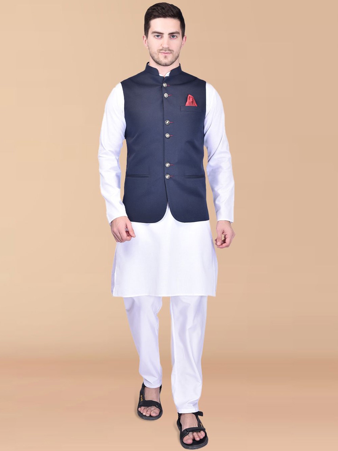 PRINTINDIA Mandarin Collar Pure Cotton Straight Kurta With Trouser & Nehru jacket, White
PRINTINDIA Mandarin Collar Pure Cotton Straight Kurta With Trouser & Nehru jacket, White