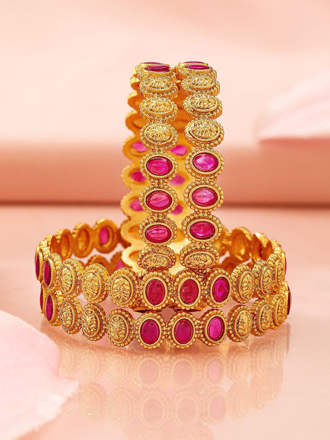 Rubans Set of 4, 22K Gold-Plated Ruby Pink Stone & Filigree Design Traditional Bangles
Rubans Set of 4, 22K Gold-Plated Ruby Pink Stone & Filigree Design Traditional Bangles