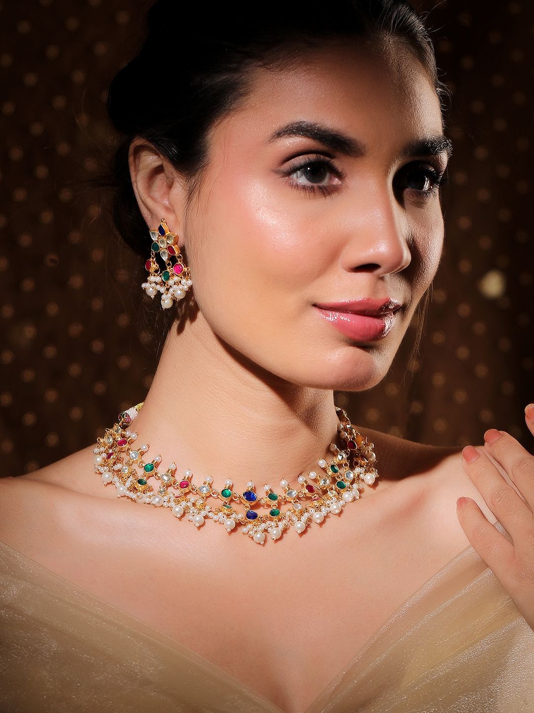 Rubans 22K Gold-Plated Multicolor Stone Studded Choker Necklace Set with Pearl Accents
Rubans 22K Gold-Plated Multicolor Stone Studded Choker Necklace Set with Pearl Accents