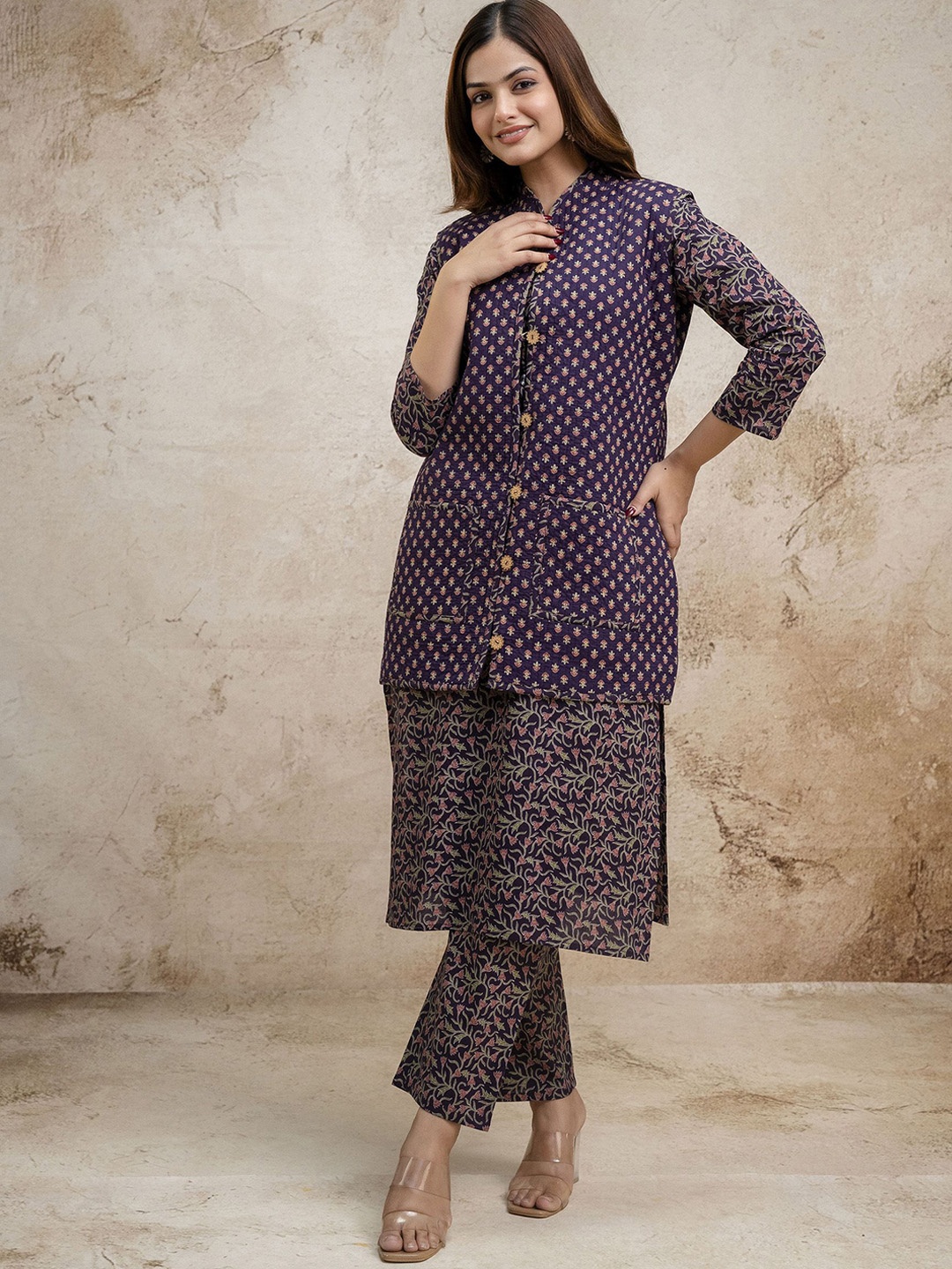 EthniFlair Floral Printed Thread Work Pure Cotton Kurta With Trousers & Nehru Jacket, Purple
EthniFlair Floral Printed Thread Work Pure Cotton Kurta With Trousers & Nehru Jacket, Purple