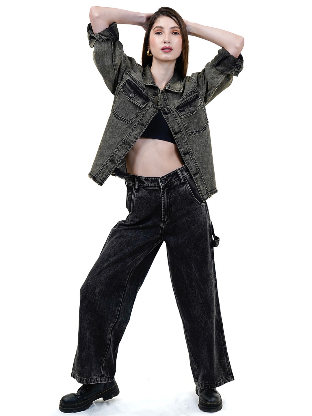 COSMIC TRIO Women Spread Collar Washed Self Design Cotton Casual Denim Jacket, Charcoal
COSMIC TRIO Women Spread Collar Washed Self Design Cotton Casual Denim Jacket, Charcoal