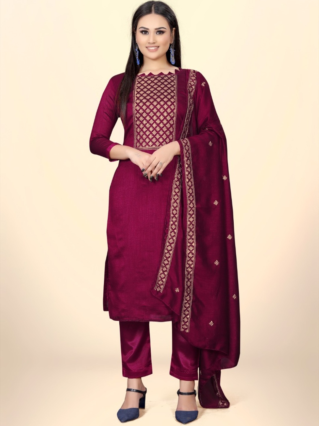 LADY SHOPI Ethnic Motifs Embroidered Zari Pure Silk Unstitched Dress Material, Purple
LADY SHOPI Ethnic Motifs Embroidered Zari Pure Silk Unstitched Dress Material, Purple