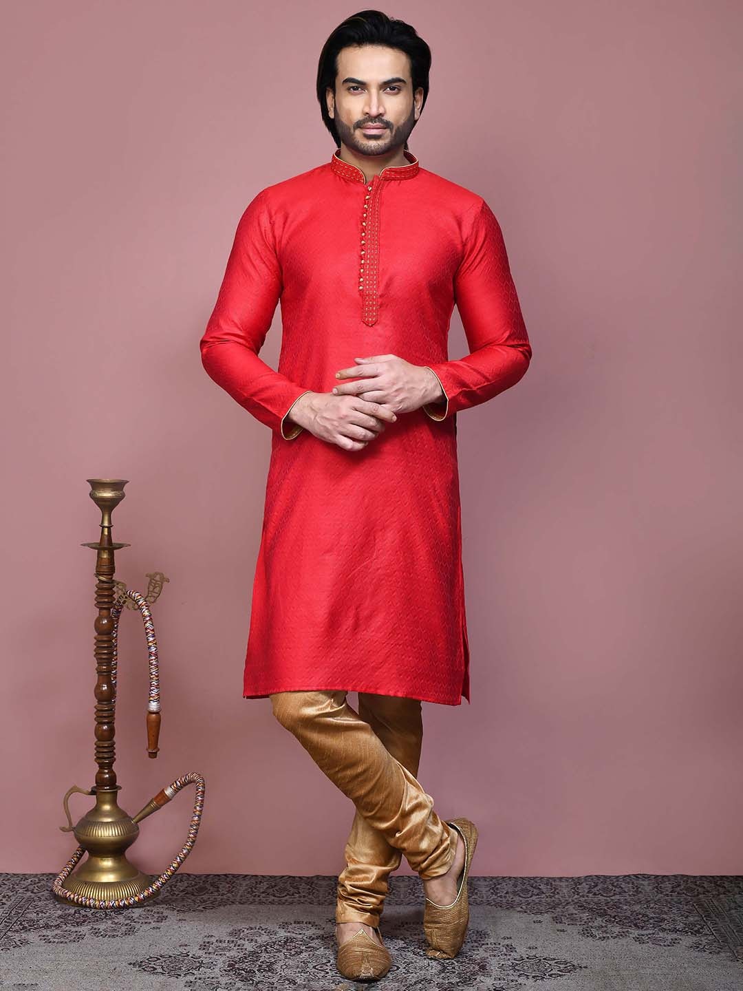 RANAK Ethnic Motifs Woven Design Mandarin Collar Long Sleeves Regular Straight Kurta, Red
RANAK Ethnic Motifs Woven Design Mandarin Collar Long Sleeves Regular Straight Kurta, Red
