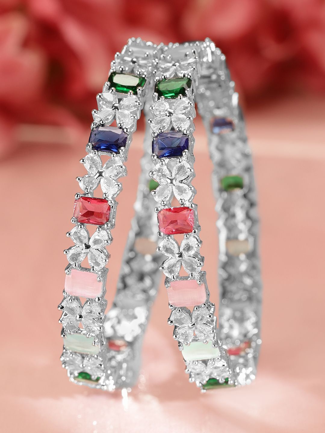 Rubans Set of 2 Rhodium-Plated Multicolor AD & Cubic Zirconia Studded Floral Bangles, Silver
Rubans Set of 2 Rhodium-Plated Multicolor AD & Cubic Zirconia Studded Floral Bangles, Silver