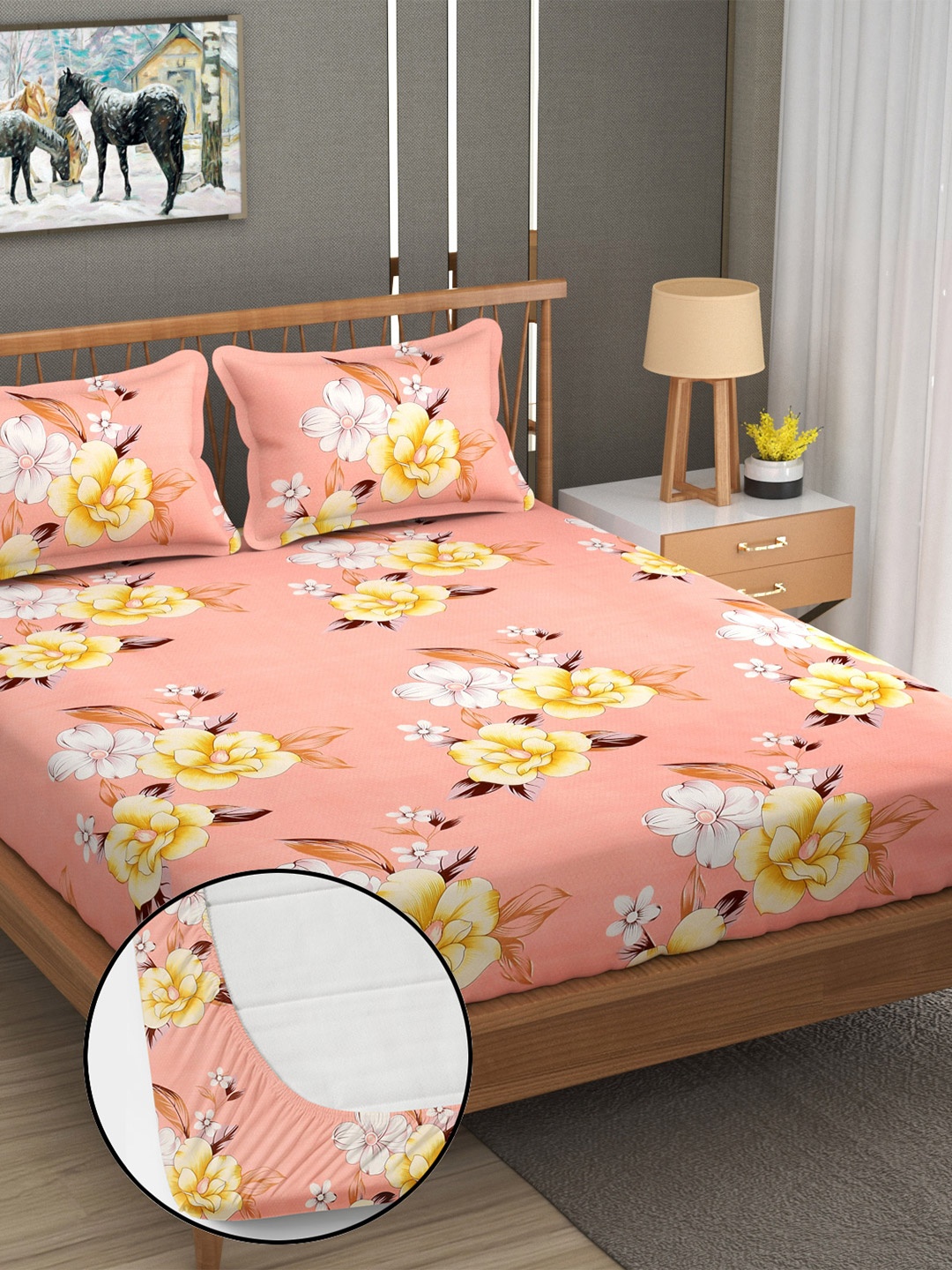 YaAkholic Peach-Coloured Floral 210 TC King Fitted Waterproof Bedsheet Set- 1.9 M x 1.8 M
YaAkholic Peach-Coloured Floral 210 TC King Fitted Waterproof Bedsheet Set- 1.9 M x 1.8 M