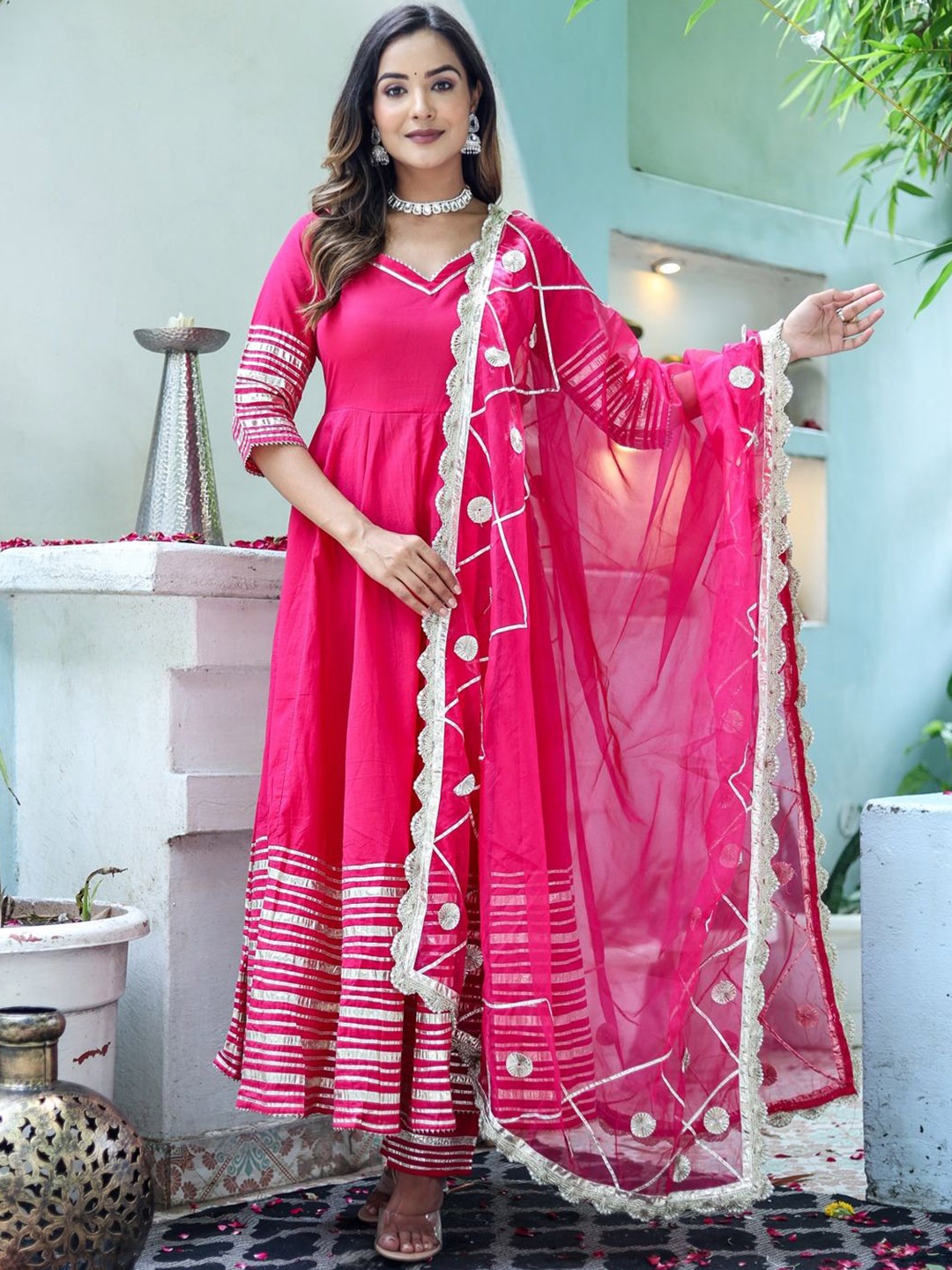 AAYUMI Striped V-Neck Gotta Patti Pure Cotton Anarkali Kurta With Trousers & Dupatta, Pink
AAYUMI Striped V-Neck Gotta Patti Pure Cotton Anarkali Kurta With Trousers & Dupatta, Pink