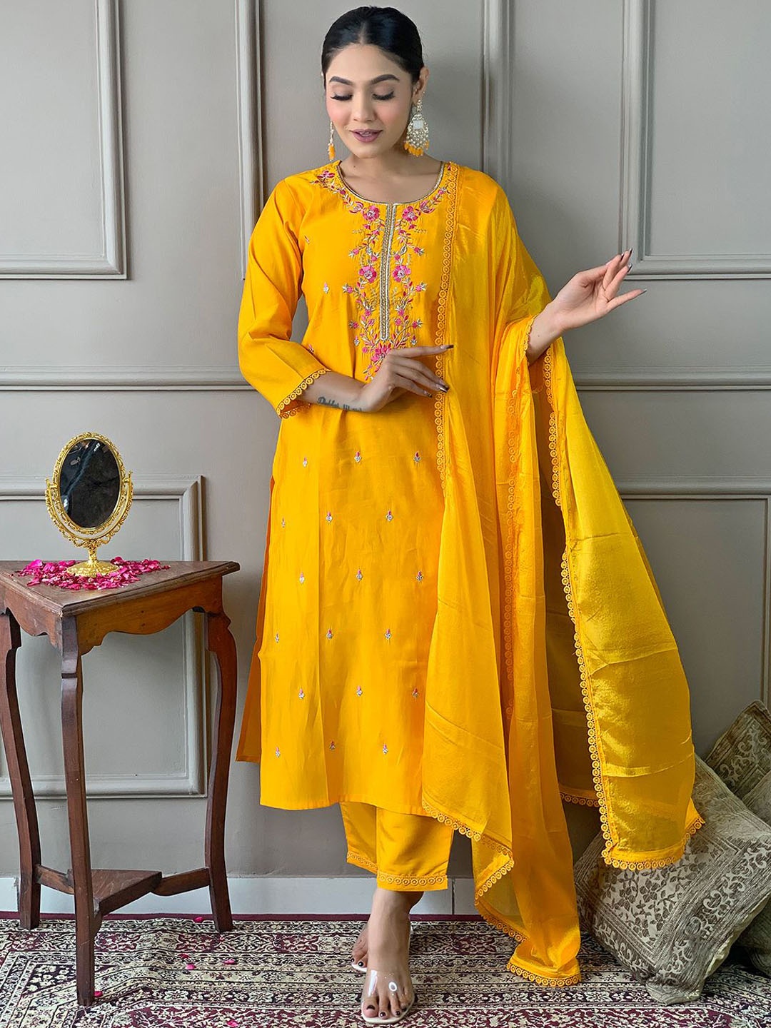 KALINI Round Neck Floral Embroidered Thread Work Straight Kurta with Trouser & Dupatta, Mustard
KALINI Round Neck Floral Embroidered Thread Work Straight Kurta with Trouser & Dupatta, Mustard