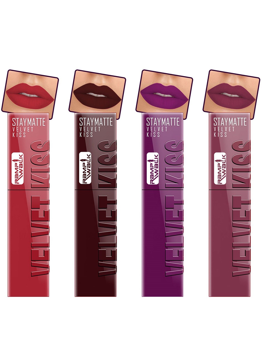 Ramp Walk Velvet Kiss Set Of 4 Matte Liquid Lipstick- 3.5 ml Each- Shade- 1- 2 - 3 - 4, Purple
Ramp Walk Velvet Kiss Set Of 4 Matte Liquid Lipstick- 3.5 ml Each- Shade- 1- 2 - 3 - 4, Purple