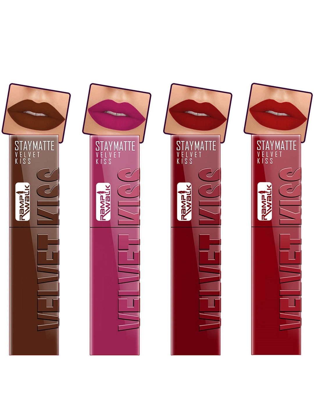 Ramp Walk Velvet Kiss Set Of 4 Matte Liquid Lipstick- 3.5 ml Each- Shade - 7 - 8 - 9 - 12, Brown
Ramp Walk Velvet Kiss Set Of 4 Matte Liquid Lipstick- 3.5 ml Each- Shade - 7 - 8 - 9 - 12, Brown