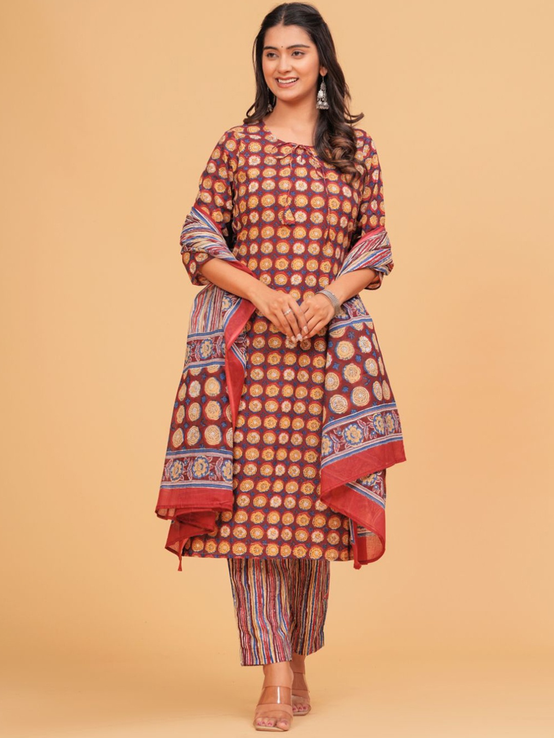 TANISHA Floral Printed Tie-Up Neck Three-Quarter Sleeves Regular Kurta & Trouser & Dupatta, Maroon
TANISHA Floral Printed Tie-Up Neck Three-Quarter Sleeves Regular Kurta & Trouser & Dupatta, Maroon